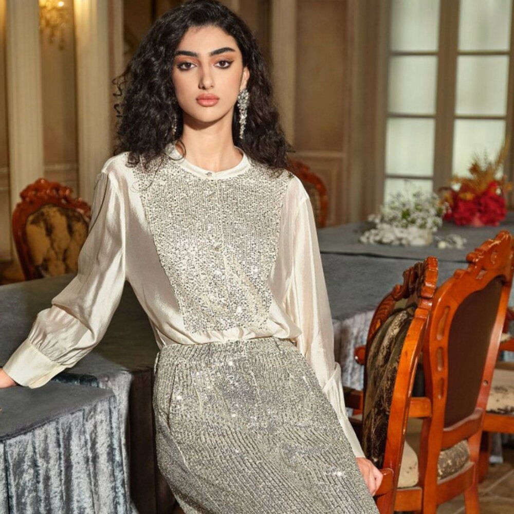 Rich Radi Q Sequin-Stitched French-Style Beige Shirt Size 2XL